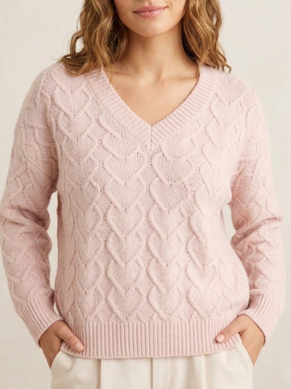 NWT Pink Rose Women’s Heart Pink Cable Knit Sweater V Neck Medium Coquette